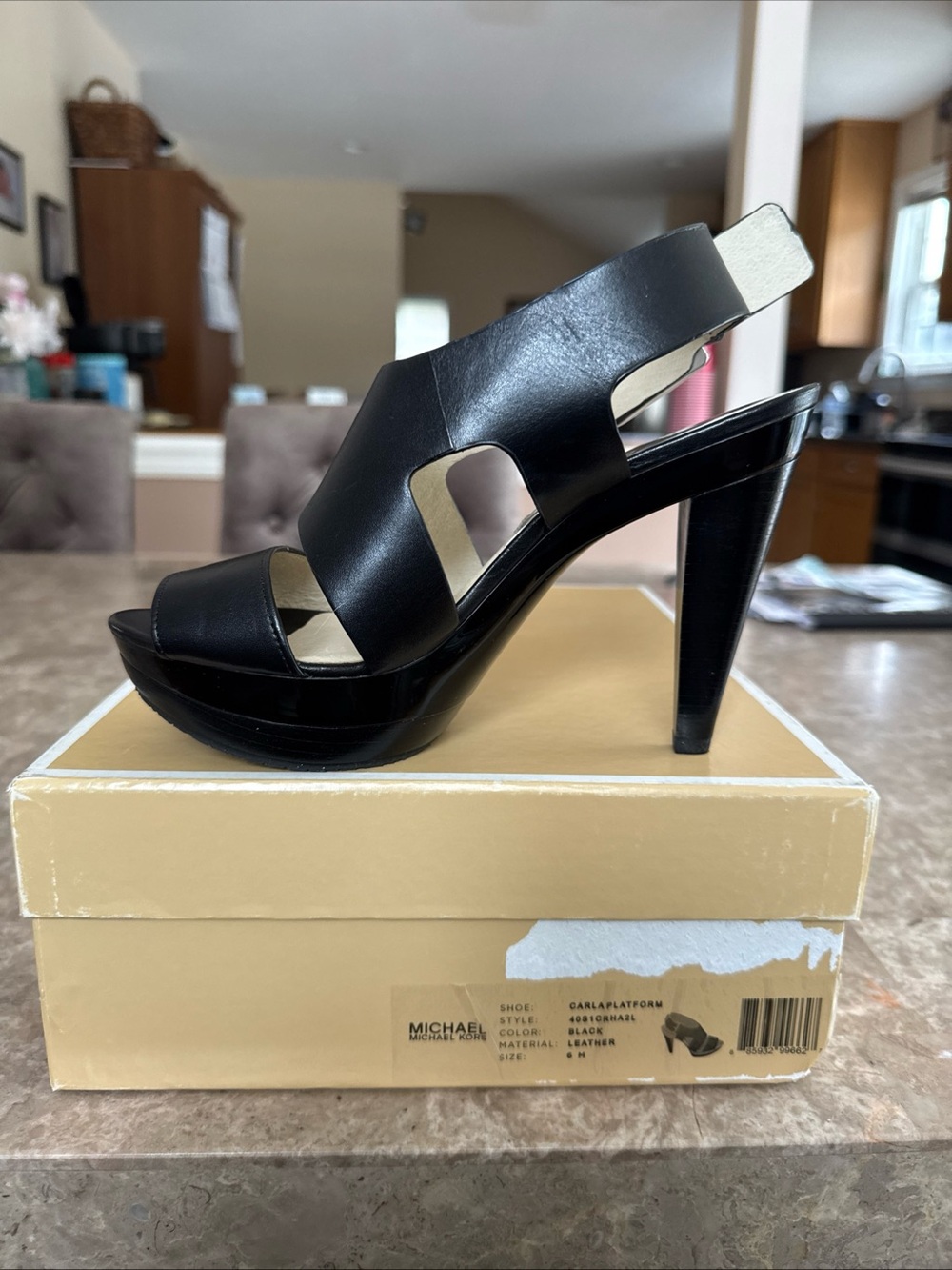 Michael Kors Carla Black Leather High Heel Platform Sandals size 6 NWT